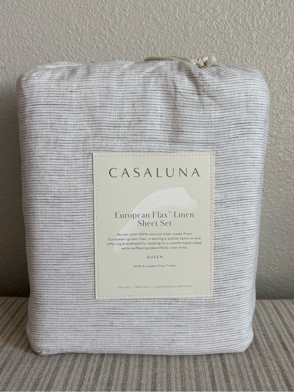 NWT Queen 100% Linen Sheet Set Gray Micro Stripe - Casaluna